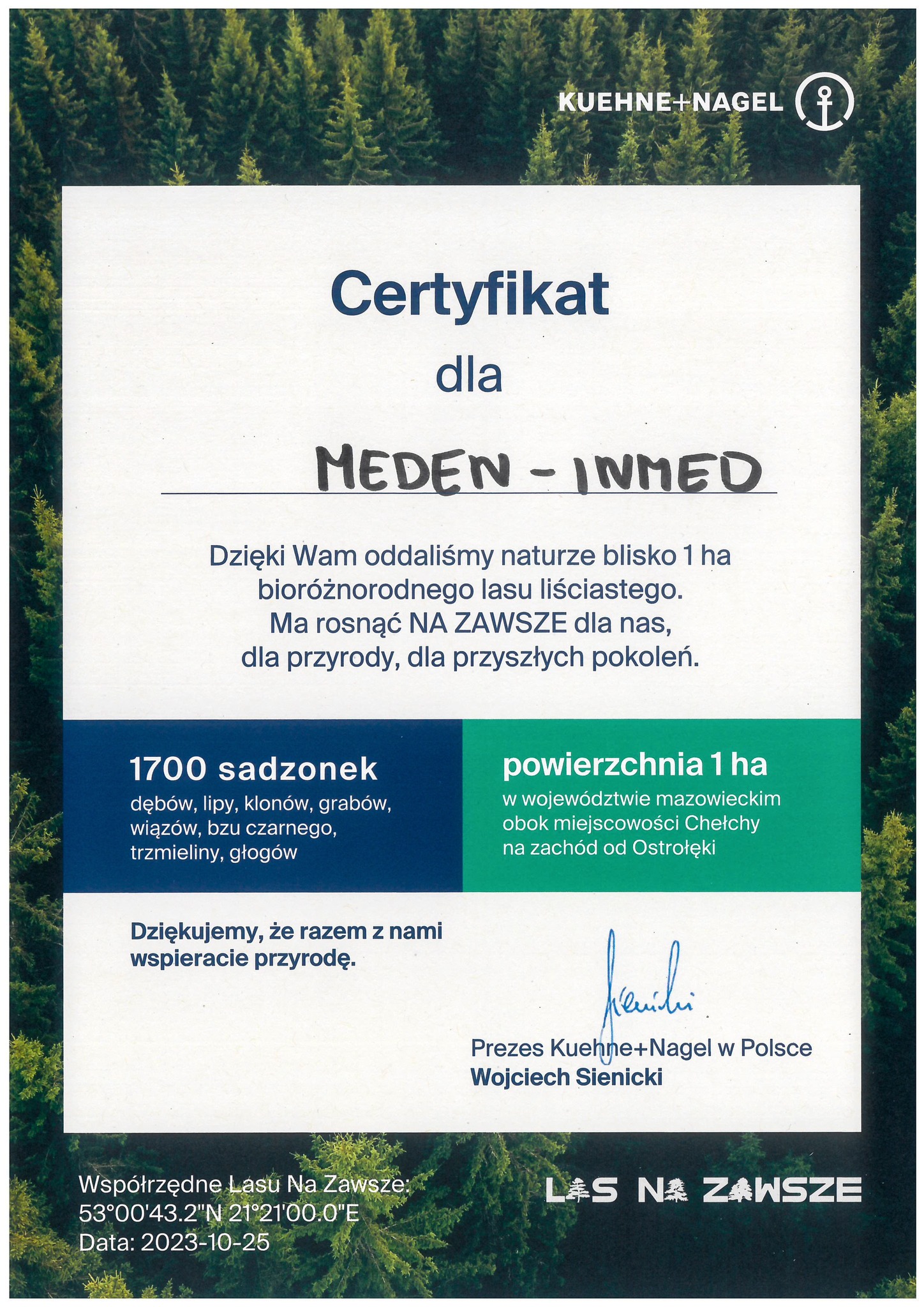 Certificate Kuehne+Nagel for Meden-Inmed